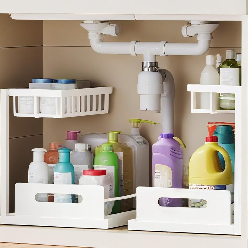 VUSIGN 2 Tier Under Sink Organizer, Slide Out Pull Out Cabinet Organizer, Cabinet Kitchen Bathroom Storage Organization Shelf, 2 Pack, White - Image 1